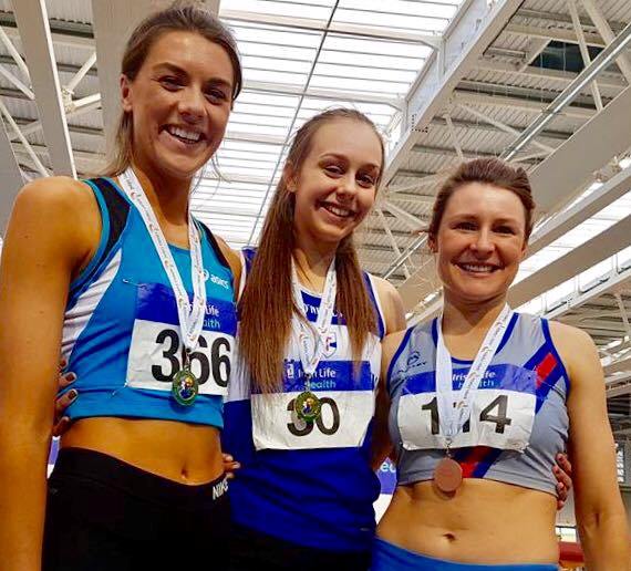 Emily Rogers (on the left) at Irish Senior Indoor Championships (Abbotstown, February 2017)